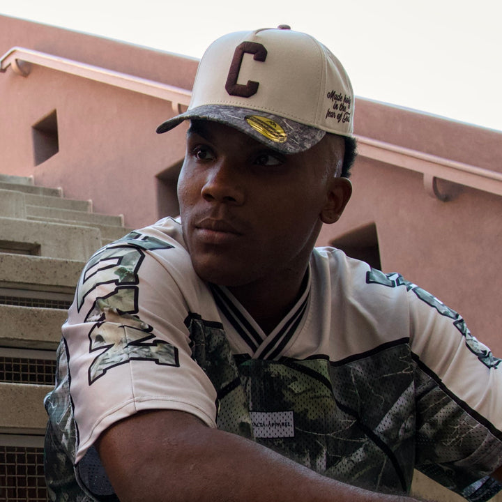 CONSECRATED Premium SnapBack (Structured) - Cream/Malta Woodland Camo