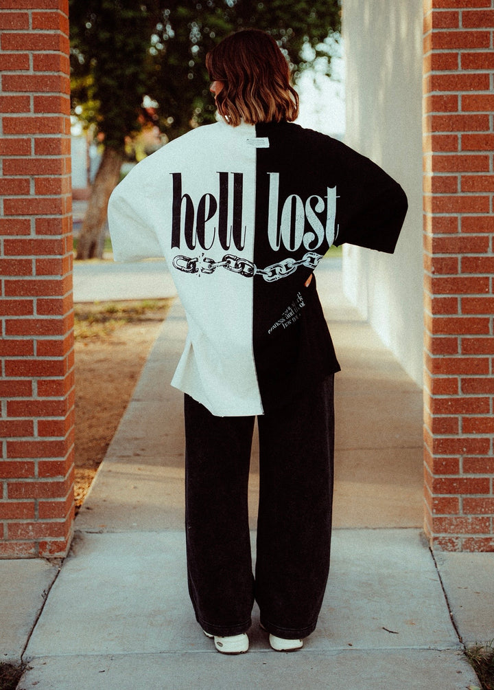‘Hell Lost’ Split-Panel Distressed Tee (Oversized)