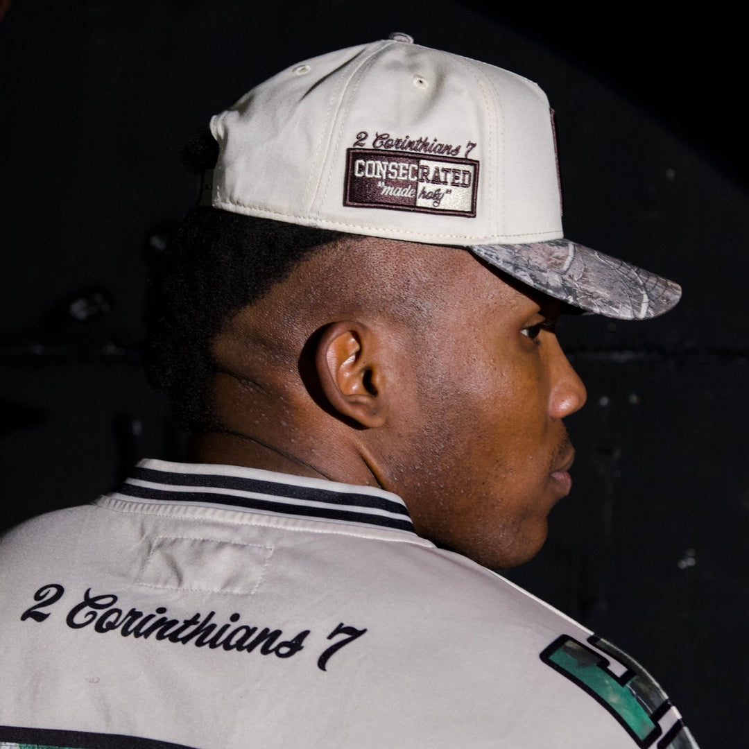 CONSECRATED Premium SnapBack (Structured) - Cream/Malta Woodland Camo