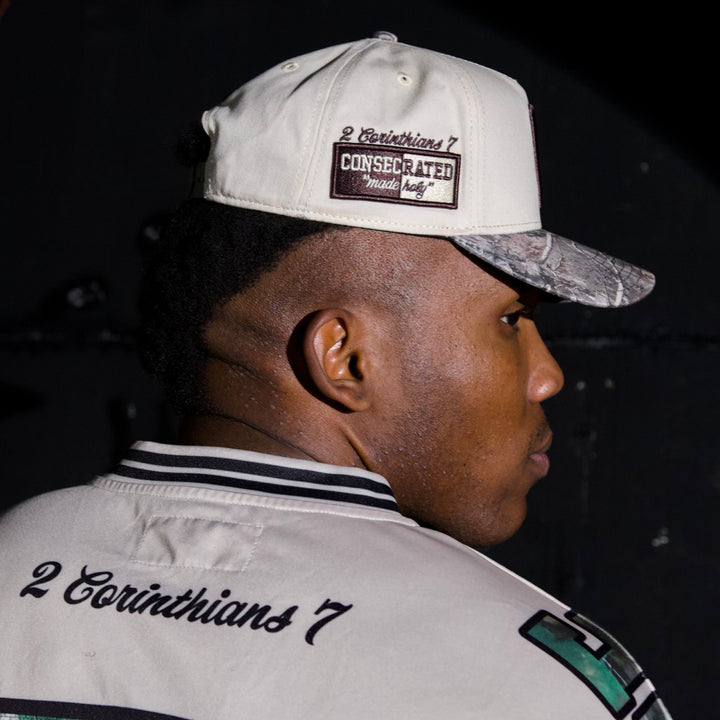 CONSECRATED Premium SnapBack (Structured) - Cream/Malta Woodland Camo