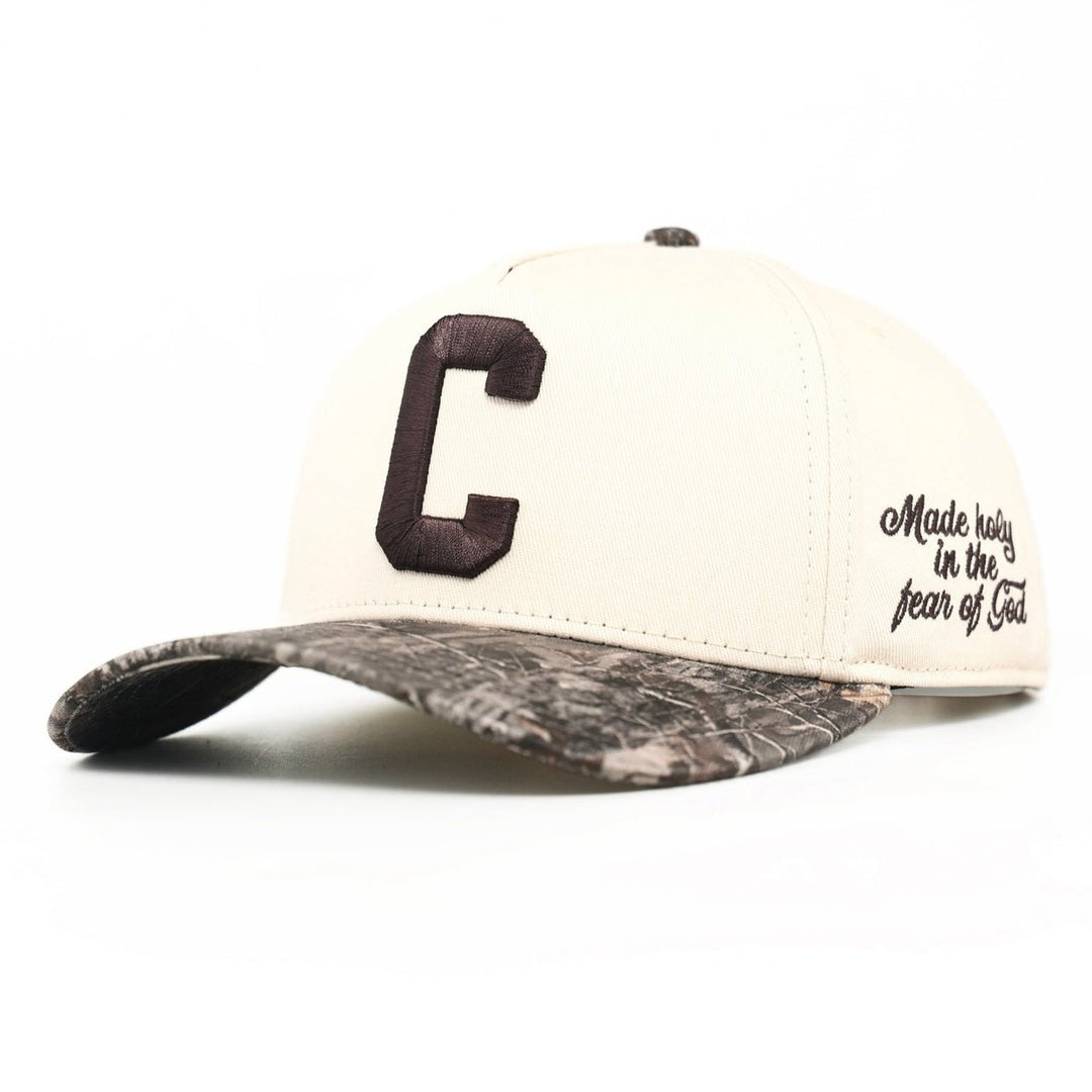 CONSECRATED Premium SnapBack (Structured) - Cream/Malta Woodland Camo - Malta Apparel
