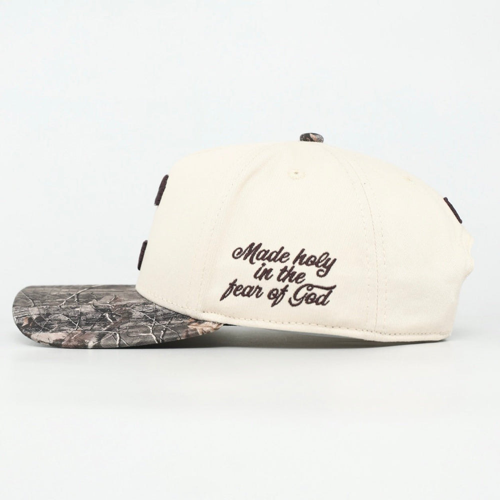 CONSECRATED Premium SnapBack (Structured) - Cream/Malta Woodland Camo - Malta Apparel