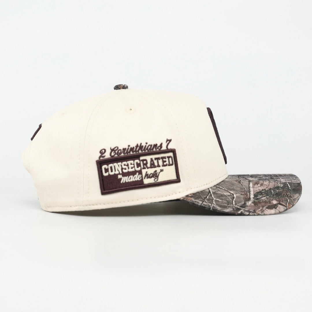 CONSECRATED Premium SnapBack (Structured) - Cream/Malta Woodland Camo - Malta Apparel