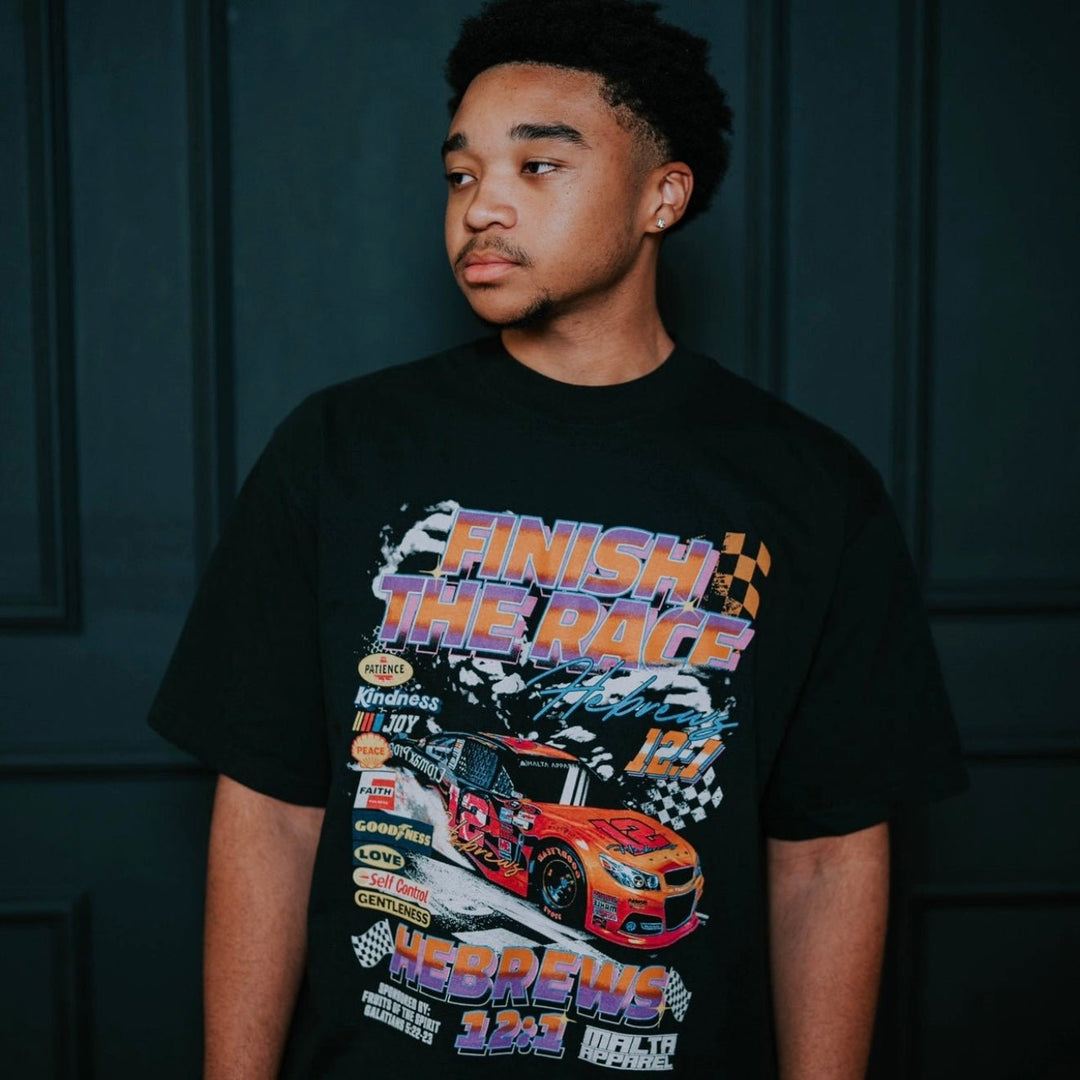 “Finish The Race” Garment Dyed Tee - Black - Malta Apparel