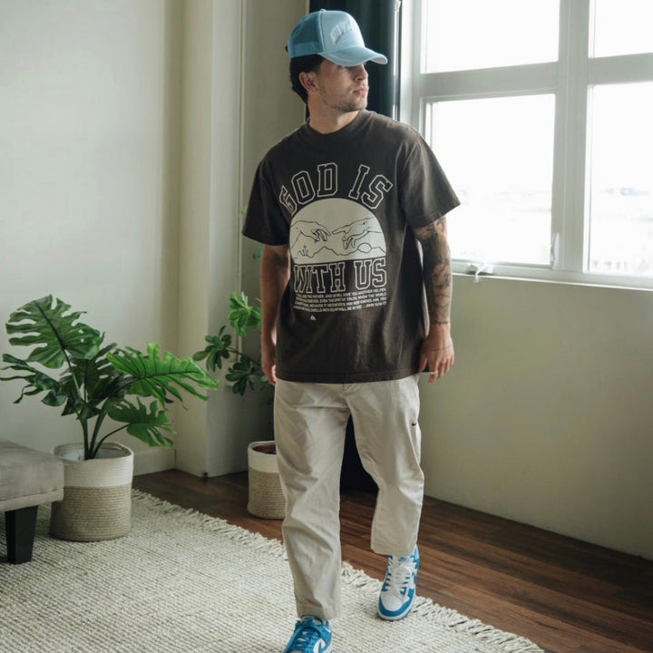 ‘God Is With Us’ Garment Dyed Tee - Mocha - Malta Apparel