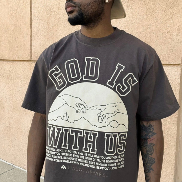 ‘God Is With Us’ Garment Dyed Tee - Mocha - Malta Apparel
