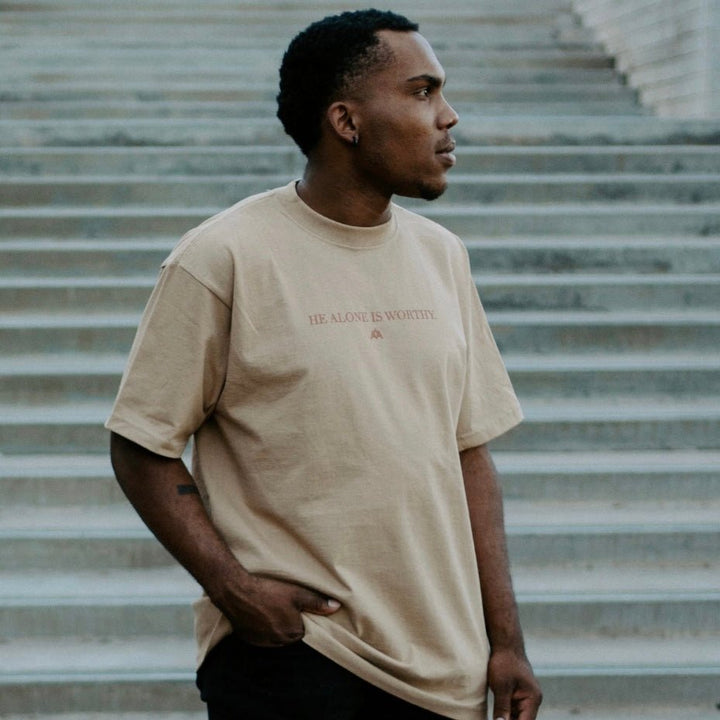 He Alone Is Worthy Heavyweight - Khaki - Malta Apparel