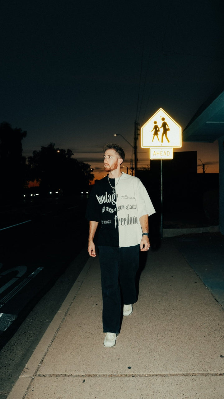 ‘Hell Lost’ Split-Panel Distressed Tee (Oversized) - Malta Apparel