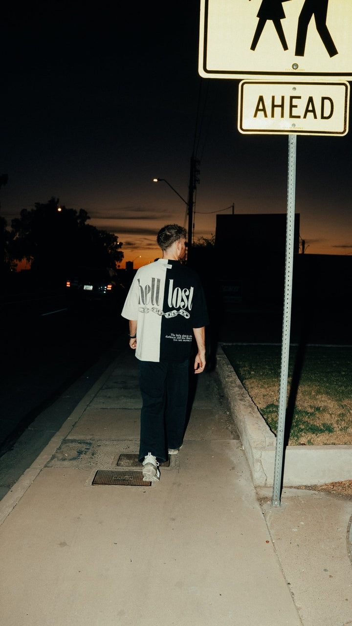 ‘Hell Lost’ Split-Panel Distressed Tee (Oversized) - Malta Apparel