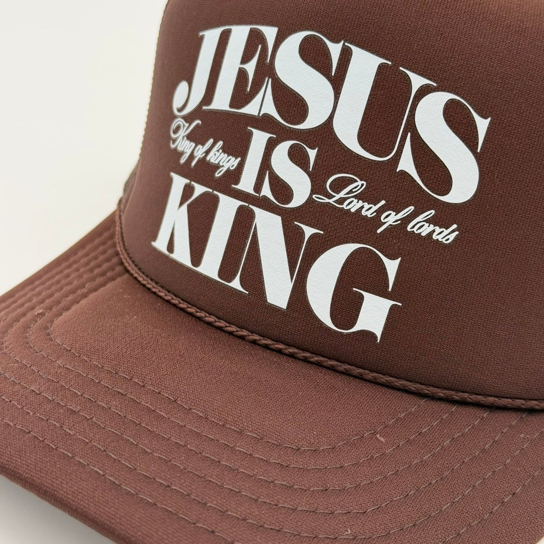 Jesus is King Foam Trucker - Brown - Malta Apparel