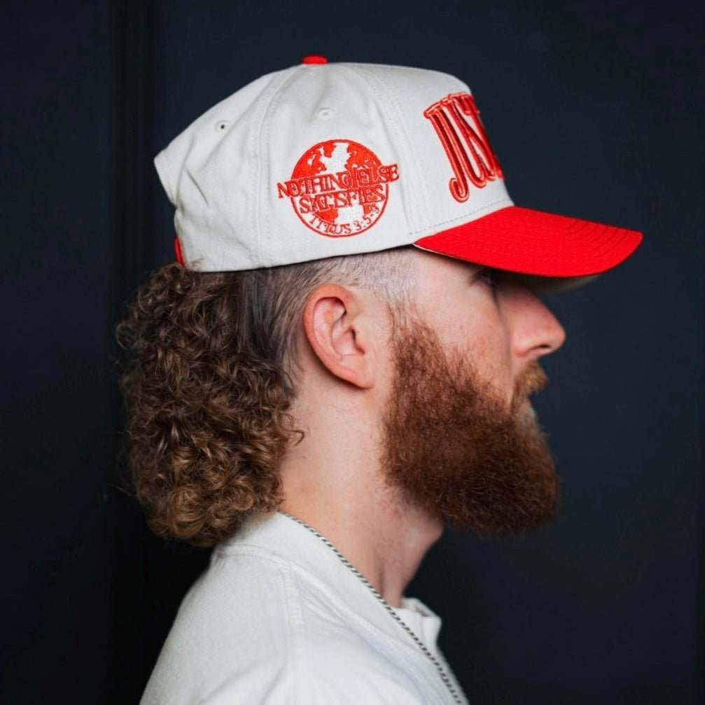 ‘JUST JESUS’ Premium SnapBack - Cream/Red - Malta Apparel