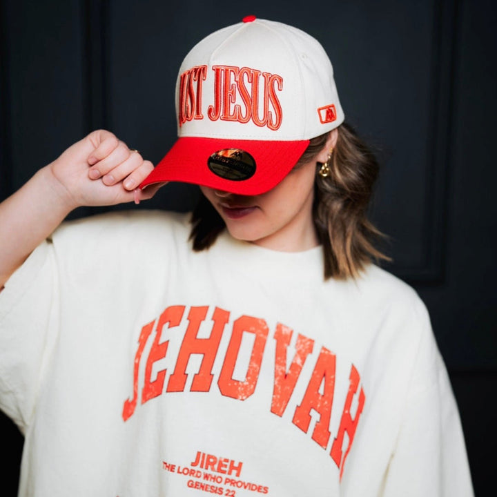 ‘JUST JESUS’ Premium SnapBack - Cream/Red - Malta Apparel