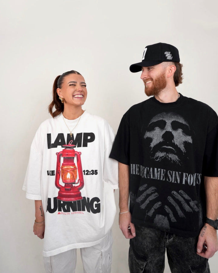 Lamp Burning Drop Shoulder Tee (Super Oversized) - White - Malta Apparel