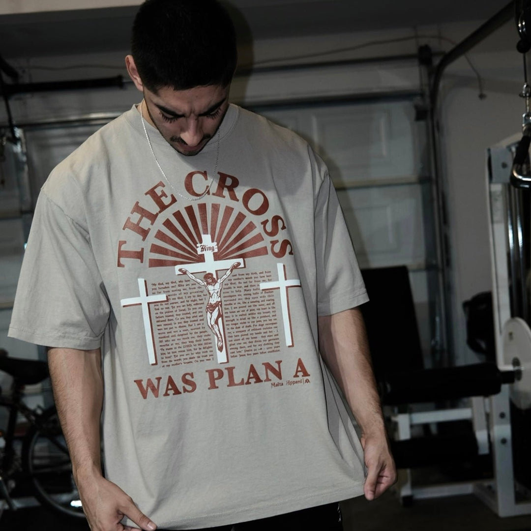 ‘The Cross Was Plan A’ Drop Shoulder - Oatmeal (Super Oversized) - Malta Apparel