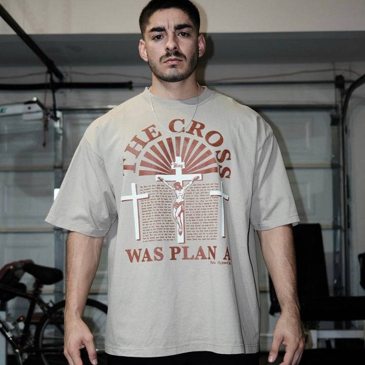 ‘The Cross Was Plan A’ Drop Shoulder - Oatmeal (Super Oversized) - Malta Apparel