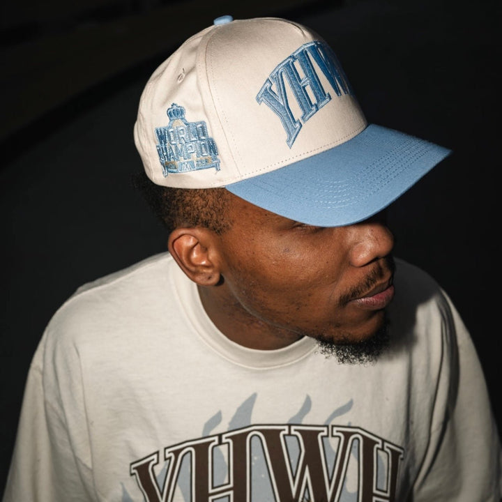 ‘YHWH’ Structured SnapBack - Cream/Baby Blue - Malta Apparel